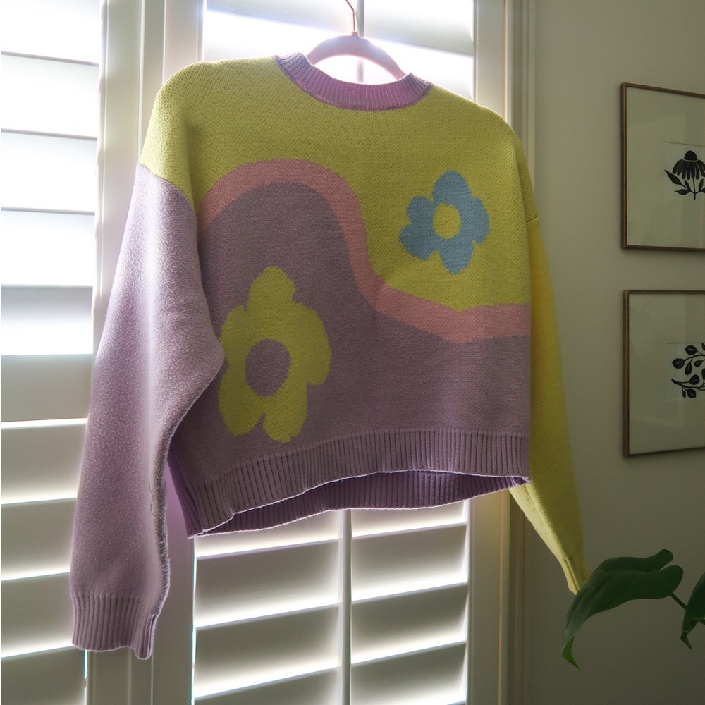 Pink Ripple Flower Crewneck Sweater, Purple Multi, Small/Medium